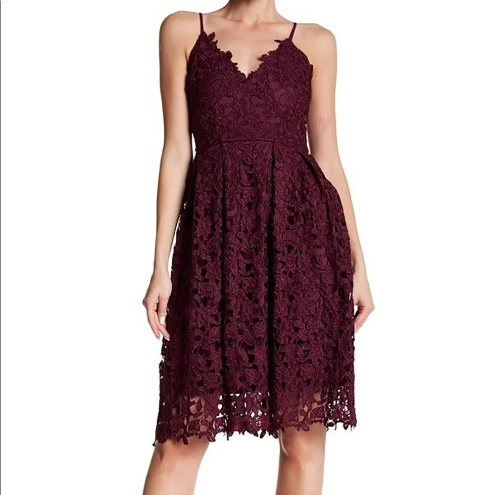 LOVE...ADY Lace Dress S Midi Spaghetti Fit Flare Wine Overlay 2/4 Aqua NWOT 50s - Picture 12 of 14
